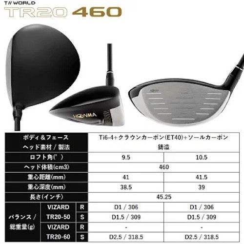 Honma Tour World TR20 460 Driver 9.5° Vizard TR20-60 S-Flex Carbon Shaft Japan