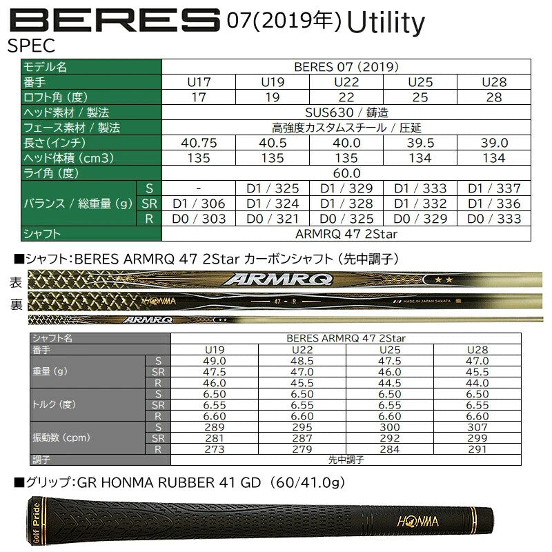 HONMA Beres 07 2019 Utility Hybrid U28 2S 2 Star ARMRQ 47 Graphite Shaft Flex R